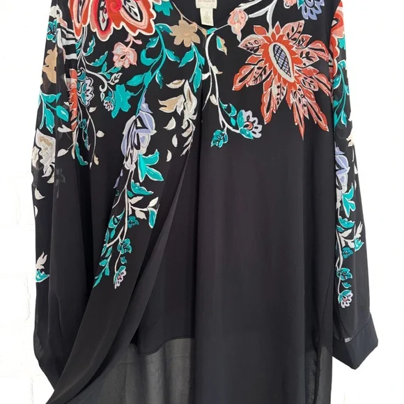 Chico's Size 3 Black Semi Sheer Bohemian Top Chiffon Multicolor Floral Chicos XL - Picture 4 of 6